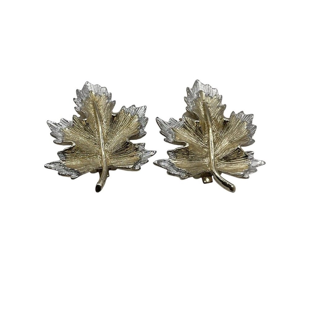 VTG Sarah Coventry Silver & Gold Tone Layered Maple Leaf Clip On Earrings Chunky - Picture 6 of 14